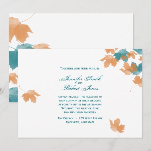 Oranje Aqua Autumn Maple Leaf bruiloft uitnodiging (Voorkant / Achterkant)