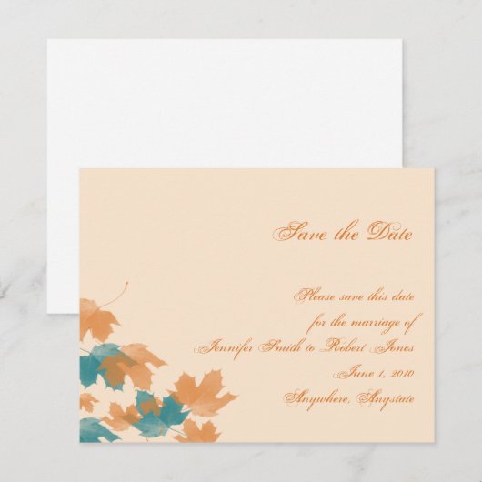 Oranje Aqua Autumn Maple Leaf Save the Date (Voorkant / Achterkant)