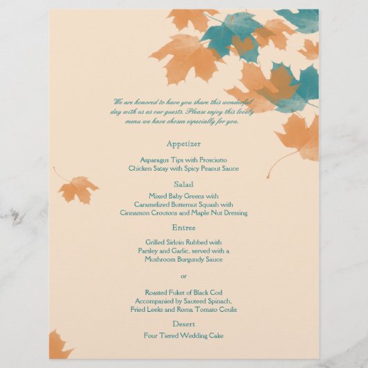 Oranje Aqua Autumn Maple Leaf Wedding Menu (Voorkant)