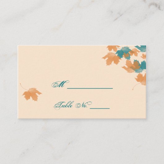 Oranje Aqua Autumn Maple Leaf Wedding Place Cards Plaatskaartje (Voorkant)