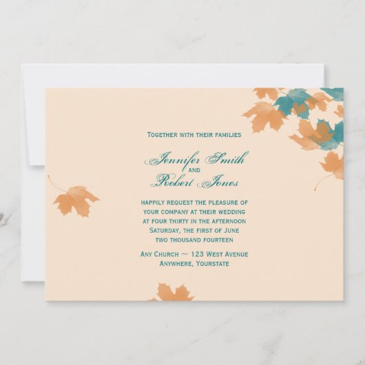 Oranje Aqua Autumn Maple Leaf Wedding Uitnodiging (Voorkant)