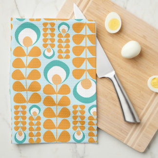 Oranje, Aqua, Blauwgroen Mid Mod Flowers Patroon Theedoek