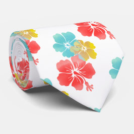 Oranje/Aqua/Geel Hibiscus/Hawaiian Floral Stropdas