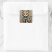 Oranje Aqua/Turquoise Spatten Kat Vierkante Sticker (Tas)