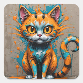 Oranje Aqua/Turquoise Spatten Kat Vierkante Sticker
