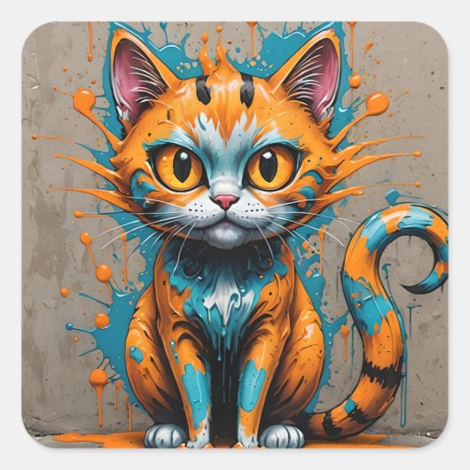 Oranje Aqua/Turquoise Spatten Kat Vierkante Sticker (Voorkant)