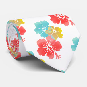 Oranje/Aquablauw/Geel Hibiscus/Hawaïaanse Bloemen Stropdas