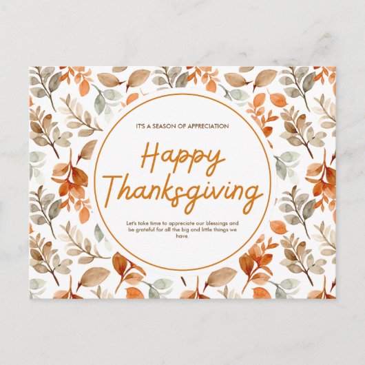 Oranje Aquarel Botanische Prettige Thanksgivingdag Feestdagenkaart (Voorkant)