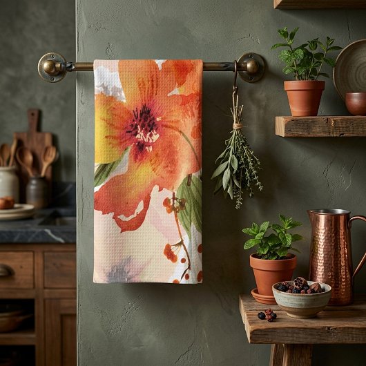 Oranje aquarel herfst bloemstuk theedoek