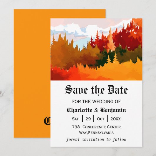 Oranje Aquarel Herfst Landschap Bewaar de Datum Save The Date (Voorkant / Achterkant)