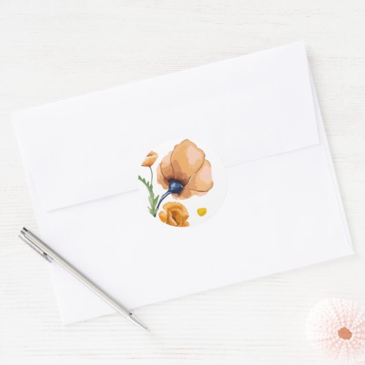 Oranje aquarel papaver ronde sticker (Envelop)