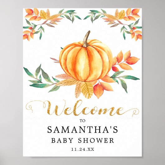 Oranje Aquarel Pompoen Gouden Herfst Baby Shower Poster (Voorkant)