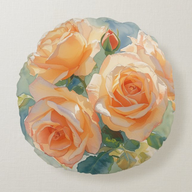Oranje Aquarel Rozen Impressionisme  Rond Kussen (Voorkant)