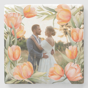 Oranje Aquarel Tulpenrand Bruidspaar Trouwen Stenen Onderzetter