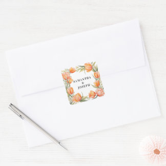 Oranje Aquarel Tulpenrand Bruidspaar Trouwen Vierkante Sticker