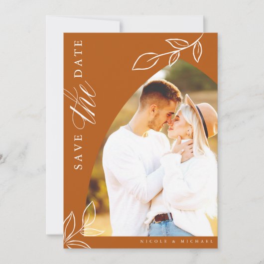 Oranje Arch Boho Minimal Leaf Photo Save The Date (Voorkant)