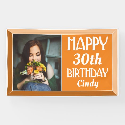 Oranje Art Deco 30th Photo Birthday Spandoek (Horizontaal)