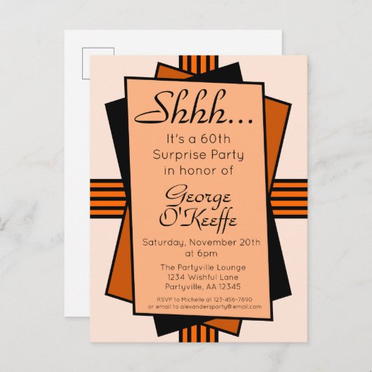 Oranje Art Deco 60th Surprise Party Birthday Uitnodiging Briefkaart (Voorkant / Achterkant)