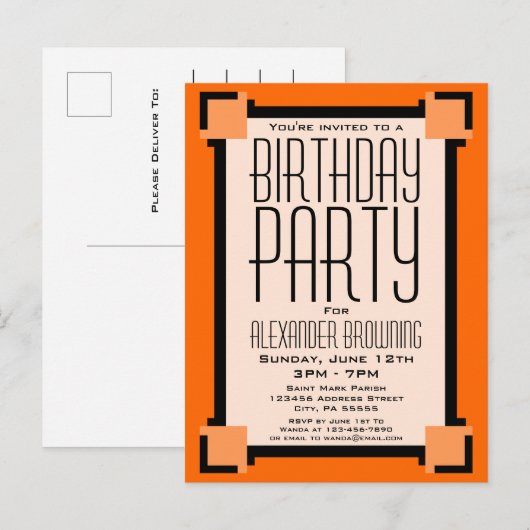 Oranje Art Deco Birthday Party nodigt Briefkaart u (Voorkant / Achterkant)