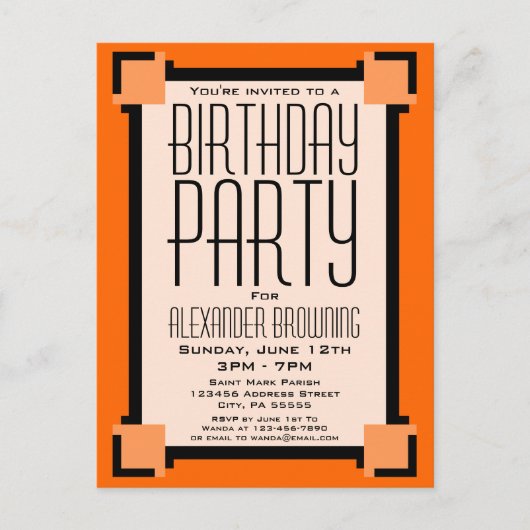 Oranje Art Deco Birthday Party nodigt Briefkaart u (Voorkant)
