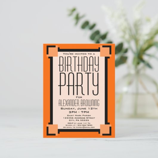 Oranje Art Deco Birthday Party nodigt Briefkaart u (Staand voorkant)