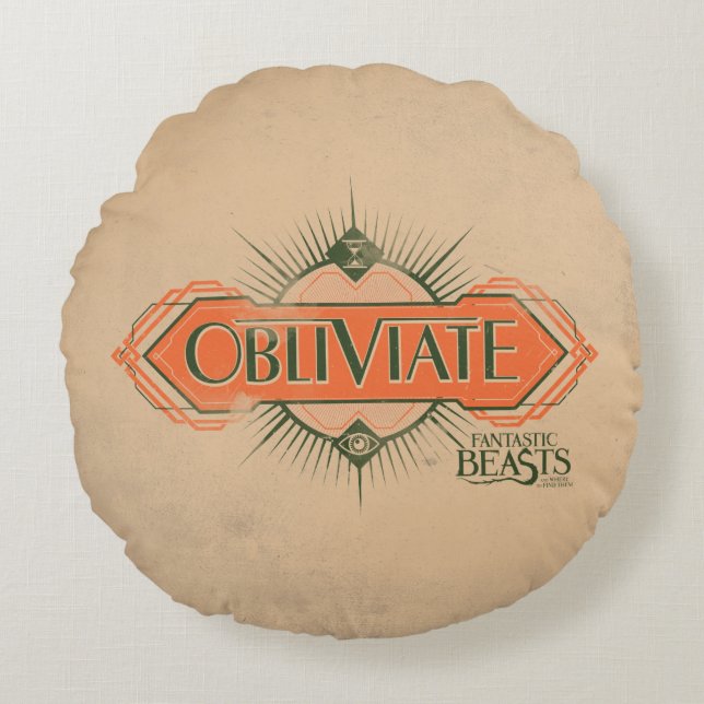 Oranje Art Deco Obliviate Spell Grafisch Rond Kussen (Voorkant)