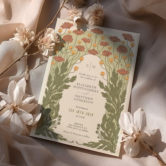 Oranje  Art Nouveau Bloemenbruiloft Kaart