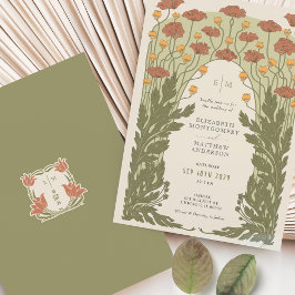Oranje  Art Nouveau Bloemenbruiloft Kaart