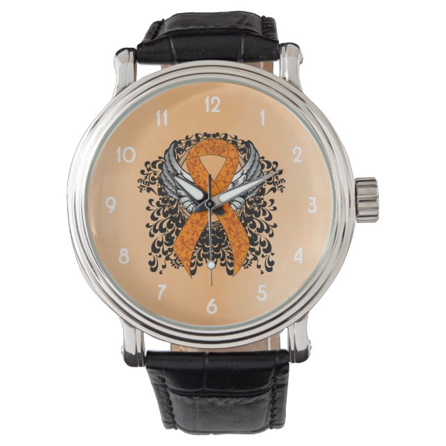 Oranje Awareness Ribbon met Wings Horloge (Voorkant)