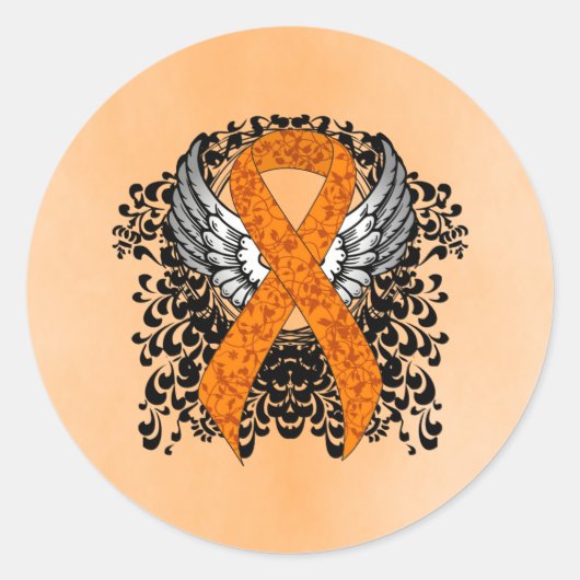 Oranje Awareness Ribbon met Wings Ronde Sticker (Voorkant)