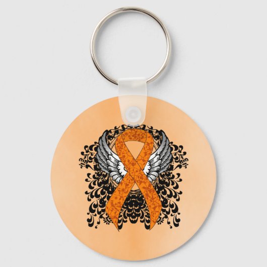 Oranje Awareness Ribbon met Wings Sleutelhanger (Voorkant)