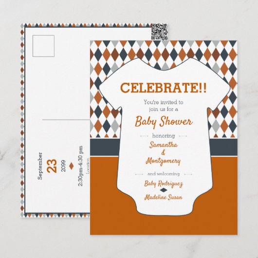 Oranje Baby shower Argyle verbrand Briefkaart (Voorkant / Achterkant)