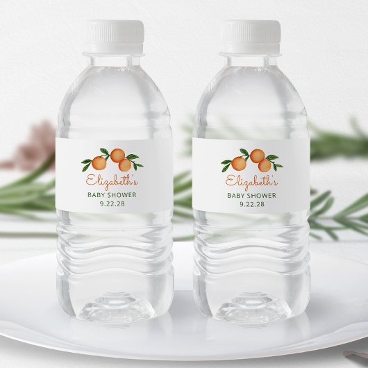 Oranje Baby shower van kleine cutie Citrus Waterfles Etiket