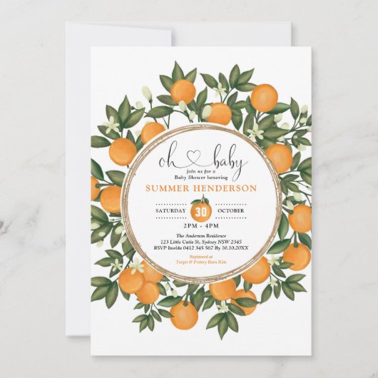 Oranje Baby shower Zomer Citrus Boho Greenery Kaart (Voorkant)