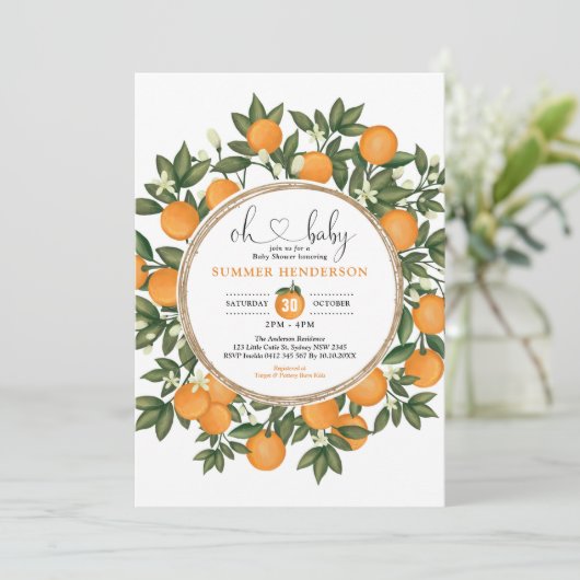 Oranje Baby shower Zomer Citrus Boho Greenery Kaart (Staand voorkant)