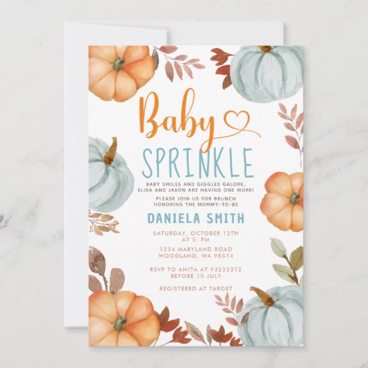 Oranje Baby Sprinkle Blue Pumpkin Herfst Baby show Kaart (Voorkant)