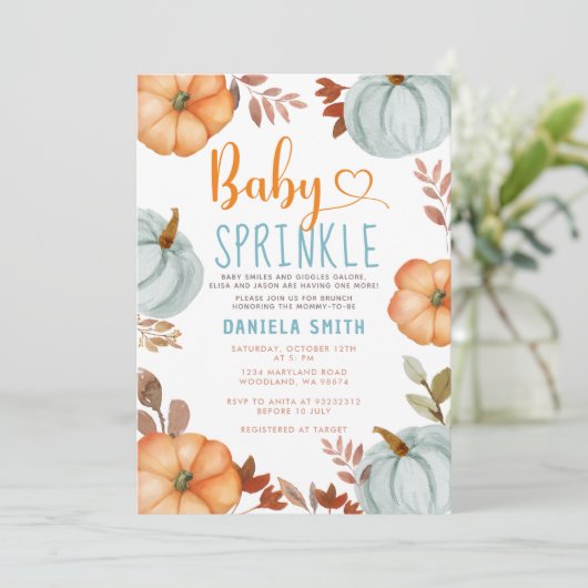 Oranje Baby Sprinkle Blue Pumpkin Herfst Baby show Kaart (Staand voorkant)