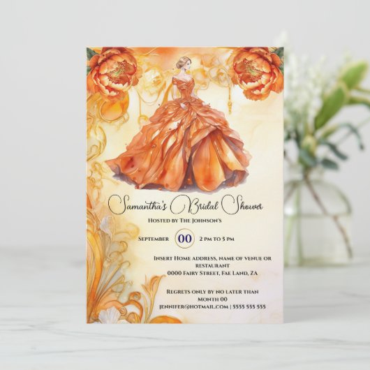 Oranje balgons pioenroos bloemen bruid te zijn kaart (Staand voorkant)