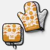 Oranje balkpatroon ovenwant & pannenlap set (Voorkant / Achterkant)