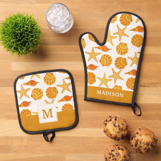 Oranje balkpatroon ovenwant & pannenlap set (Top down)