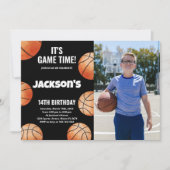 Oranje Balls Black Basketball Birthday Foto Kaart (Voorkant)