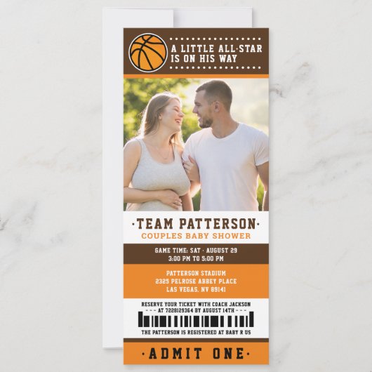 Oranje Basketball Ticket Couples Baby shower Foto Kaart (Voorkant)