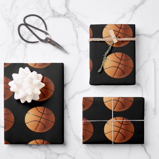 Oranje basketballen op zwart, cadeaupapier, inpakpapier vel (Voorkant)