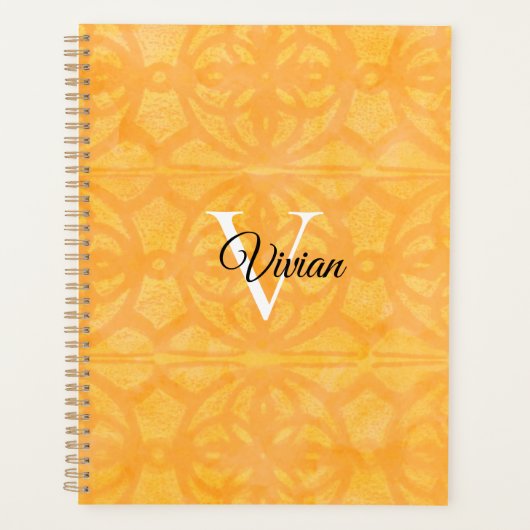 Oranje Batik Elegant Monogram Naam Planner (Voorkant)