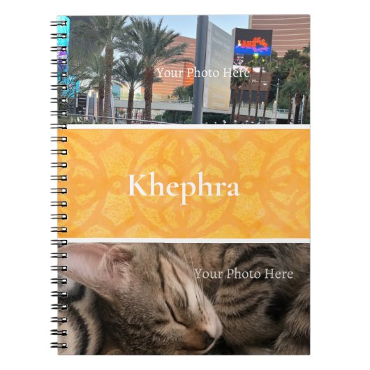 Oranje batik fotocollage witte rand naam notitieboek (Voorkant)