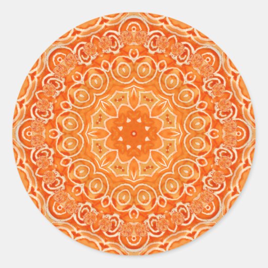 Oranje Batik Waterverf Mandala Ronde Sticker (Voorkant)