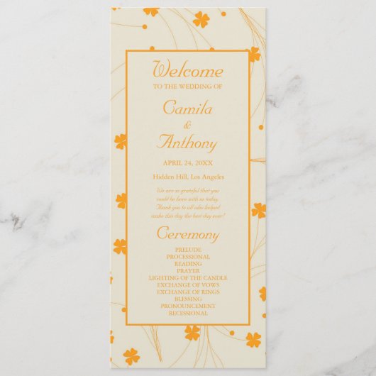 Oranje Beige Retro Y2K 70s bloempatroon Programmakaart (Voorkant)