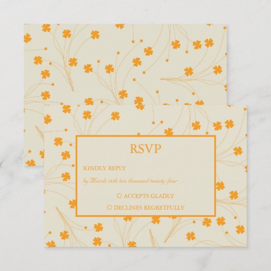 Oranje Beige Retro Y2K 70s bloempatroon RSVP Kaartje (Voorkant / Achterkant)