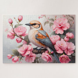 Oranje Beige Vogel met Roze Bloesem Legpuzzel