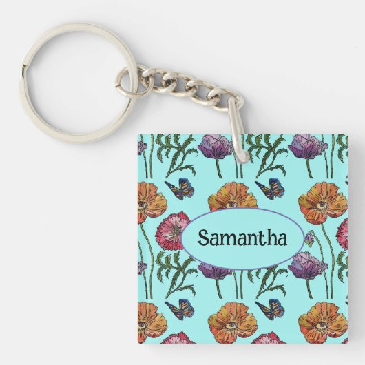Oranje  benaming Red Poppy Floral Aqua Sleutelhanger (voorkant)